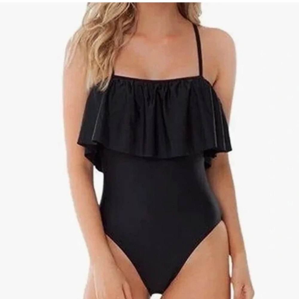 New Medium Sugar Coast by Lolli Swim Black Ruffle Flounce One Piece Swimsuit New